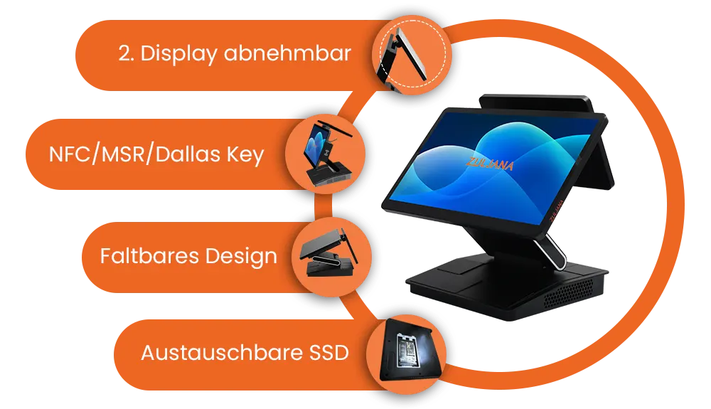Touchscreen Kassensystem – NFC, MSR, lüfterloses Terminal 4 Orange Garman